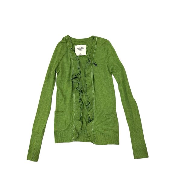 Abercrombie Teen Green Ruffle Sweater Lightweight Open Cardigan Sz M Women’s Y2K - Picture 2 of 7
